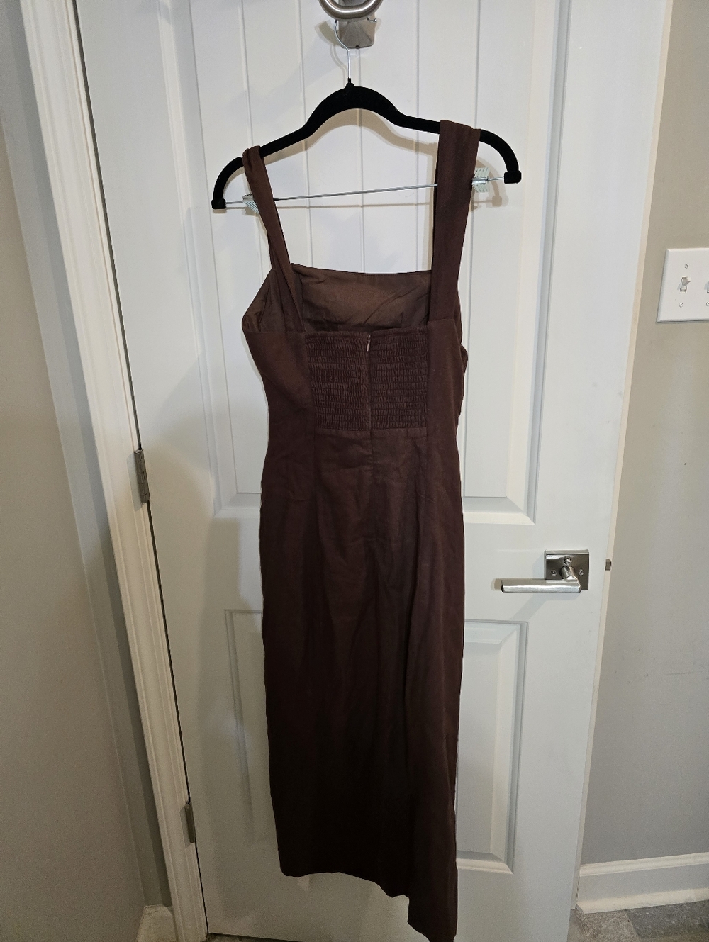 NWT Commense Chocolate Brown Square-Neck Midi Dress Slit Cotton & Linen Slit S - Picture 8 of 10